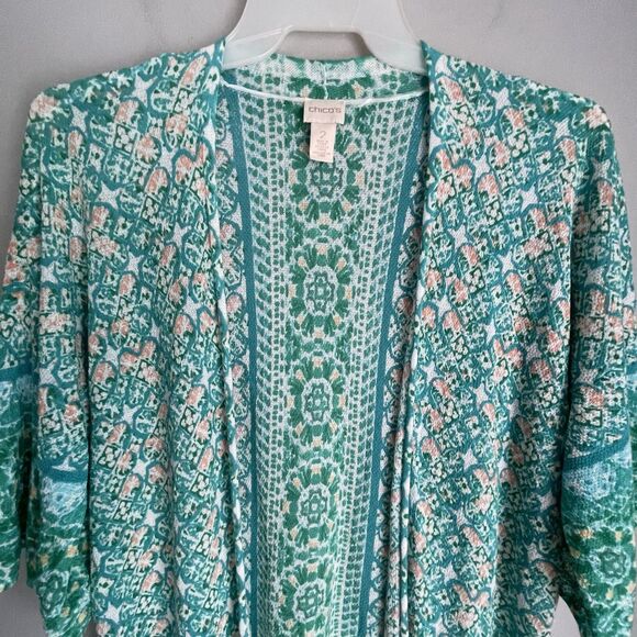 Chico's Open Front Cardigan Size 2 Large Green Colorful Coastal Beachy Artsy - Picture 7 of 12